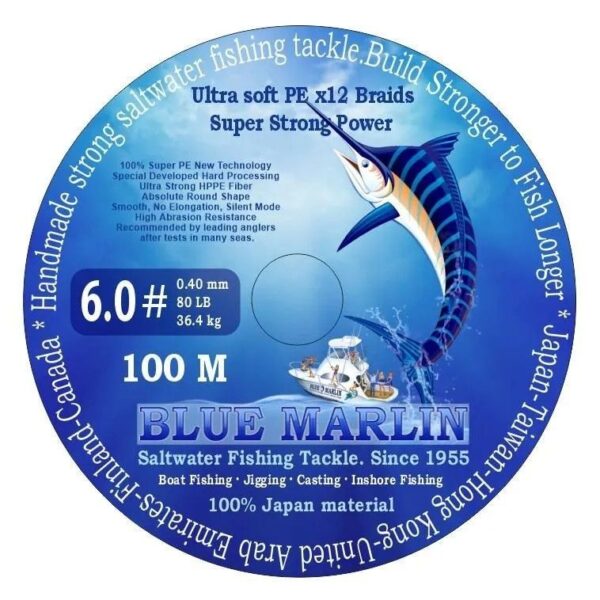 Рыболовный плетёный 12 жильный шнур 1000 м. для морской рыбалки BLUE MARLIN PE12, Line № 6.0#, DIA MM 0.40, KG 36.40, 80 LB