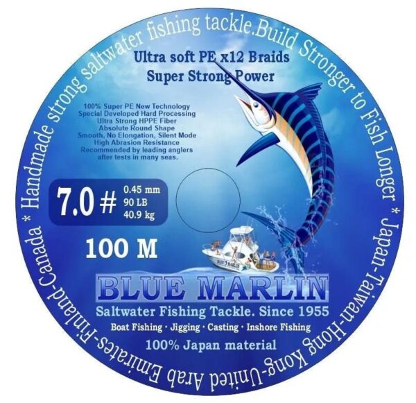 Рыболовный плетёный 12 жильный шнур 1000 м. для морской рыбалки BLUE MARLIN PE12, Line № 7.0#, DIA MM 0.45, KG 40.90, 90 LB