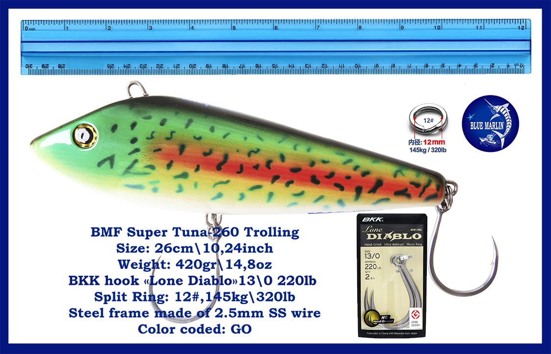 BMF Super Tuna 260 — Тонущие, высокоскоростные плуги для троллинга. Размер 26 см / 10,24 дюйма, вес 420 г / 14,8 унции, крючок BKK Lone Diabolo 13/0, 220lb. — изображение 3